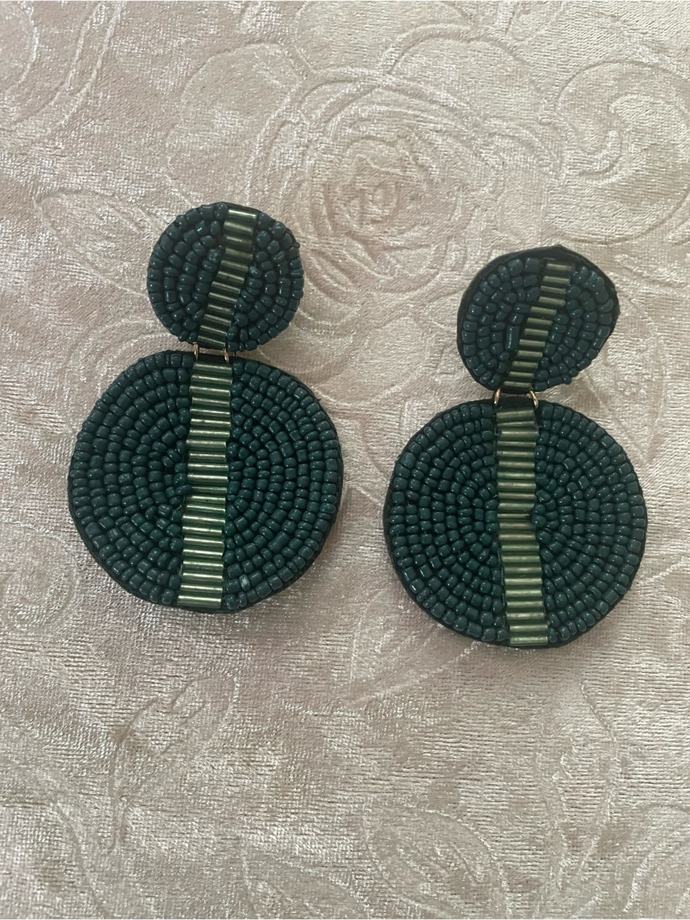 Dark Green Beaded Double Circle Drop Earrings with Metallic Accent